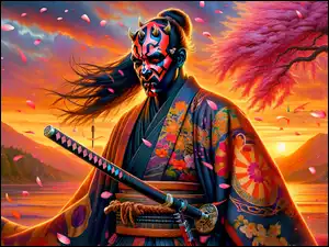 Góry, Darth Maul, Maska, Drzewo, Samuraj, Zachód słońca, Grafika, Kimono