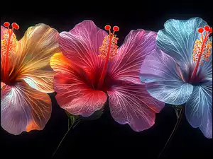 Hibiskusy, Kwiaty, Trzy, Kolorowe