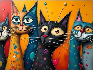 Grafika, Kolorowe, Cztery, Koty