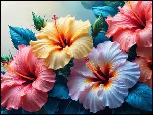 Hibiskusy, Zbliżenie, Kolorowe, Kwiaty, Krople