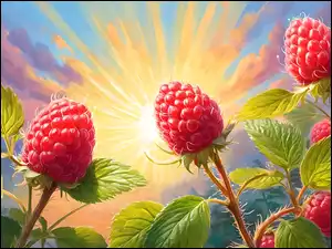 Słońce, Grafika, Liście, Maliny, Owoce
