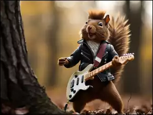 Muzyk, Wiewiórka, Las, Grafika, Gitara, Śmieszne