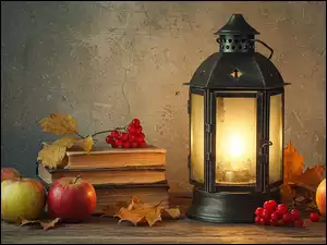 Jagody, Kompozycja, Jabłka, Pożółkłe, Lampion, Czerwone, Liście, Książki