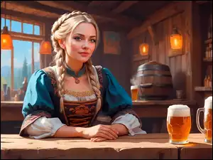 Blondynka z warkoczami w karczmie z dwoma piwami