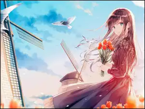 Anime, Dziewczyna, Tulipany, Młyn