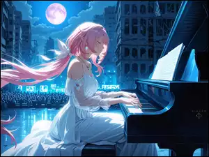 Anime, Dziewczyna, Fortepian, Księżyc