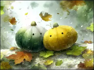 Dynie, Dwie, Liście, AI, Jesienne, Grafika