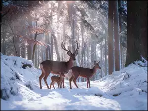Śnieg, Zima, Sarny, Przebijające światło, Las, Jeleń