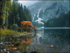 Sarna i las nad górską rzeką