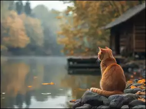 Siedzący rudy kot na kamieniu obok domu nad jeziorem