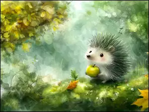 Jesienne, Grafika AI, Jabłko, Jeż, Liście