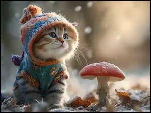 Ubranko, Kot, Grzyb, Grafika AI, Muchomor, Szron