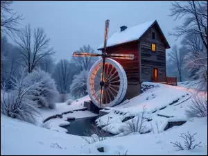 Śnieg, Zima, Rzeka, Drzewa, Młyn, Ośnieżone