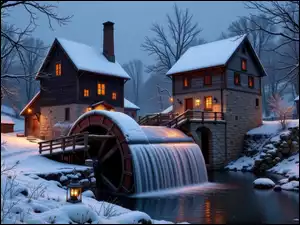 AI, Domy, Drzewa, Oświetlone, Noc, Zima, Wodny, Młyn, Rzeka, Śnieg