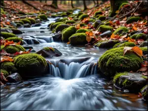 Rzeka, Jesień, Kamienie, Liście, Omszałe, Brązowe