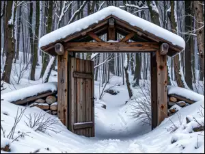 Brama, Zima, Drzewa, Drzwi, Śnieg, Zadaszenie, AI, Las