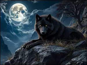 W świetle księżyca wilk czarny leżący na kamieniach w ciemną noc