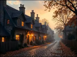 Mgła, Grafika AI, Domy, Droga, Jesień