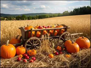 Dynie i jabłka na drabiniastym wozie i obok na polu zboża