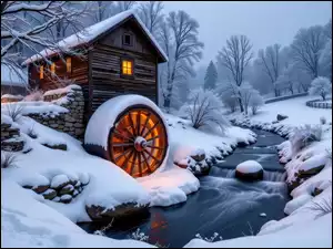 Rzeka, Drzewa, Młyn wodny, Zima, Ośnieżone