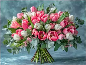 Białe, Listki, Różowe, Bukiet, Tulipany