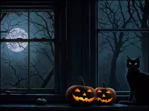 Dynie, Okno, Kot, Halloween, Księżyc