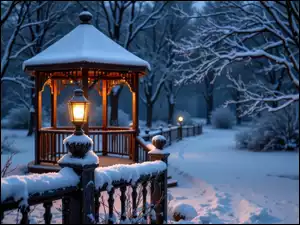 Drzewa, Noc, Ośnieżone, Ogrodzenie, Lampion, Park, Altana, Zima, Śnieg