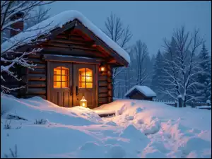 Dom, Lampa, Las, Zima, Drzewa, Zaspy, Śnieg