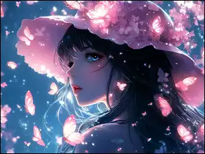 Kapelusz, Motyle, Różowy, Dziewczyna, Anime