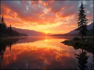 Góry, Grafika AI, Drzewa, Jezioro, Zachód słońca