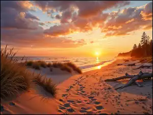 Morze, Grafika AI, Wydmy, Plaża, Zachód słońca