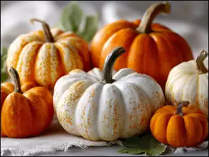 Pomarańczowe, Białe, Serweta, AI, Dynie, Grafika