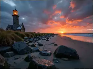 Latarnia morska, Grafika AI, Morze, Plaża, Zachód słońca