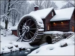 Śnieg, Młyn, Drzewa, Zima, Rzeka, Koło, Wodny