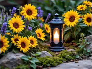 Lampion, AI, Słoneczniki ozdobne, Kwiaty, Kamienie