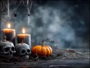 Świece, Czaszki, Pajęczyny, Grafika AI, Dynia, Halloween
