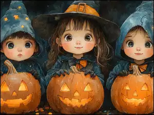 Troje dzieci w ubraniach obok świecących dyń na Halloween