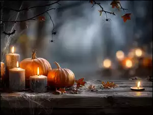 Pajęczyny, Grafika AI, Dynie, Świece, Halloween