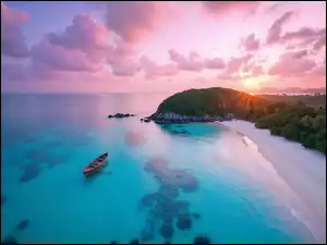 Plaża, Morze, Z lotu ptaka, AI, Zachód słońca, Łódka