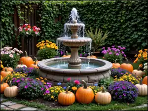 Dynie i kwiaty wokół fontanny w ogrodzie