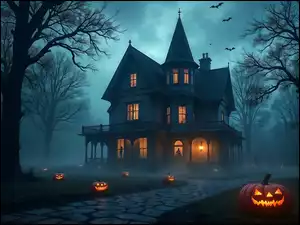 Dom, Mgła, Dynie, Halloween, Nietoperze