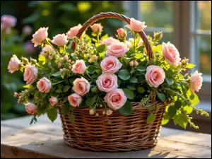 Wiklinowy koszyk z różowymi różami na stole w ogrodzie obok okna