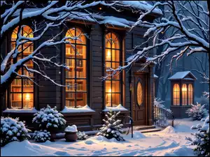 Biblioteka, Dom, Zima, Grafika AI, Światło, Drzewa