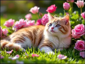 Kot, Różowe, AI, Rudo-biały, Tulipany, Róże, Kwiaty