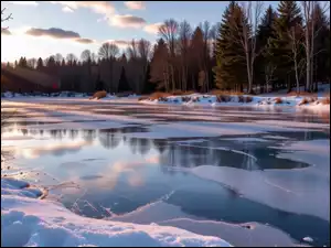 Zamarznięte, Zima, Śnieg, Drzewa, Jezioro, Promienie słońca