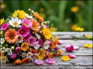 Deski, Bukiet, Kwiaty, Płatki