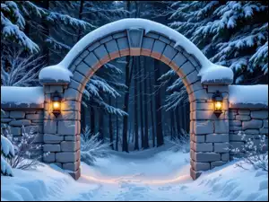 Drzewa, Murowana, Ośnieżone, Lampiony, Śnieg, Brama, Łuk, Zima, Dwa