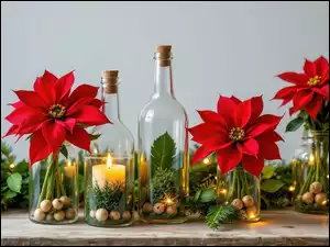 Zielone, Kwiaty, Słoiki, Rośliny, Gwiazda betlejemska, Świeca, Kompozycja, Butelki