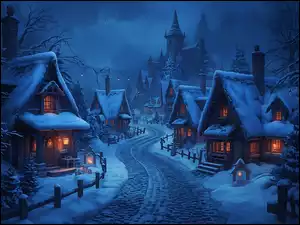 Oświetlone nocądomy przy brukowanej ulicy w zimowej scenerii