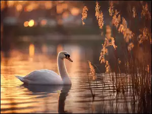 Łabędź obok szuwar na jeziorze